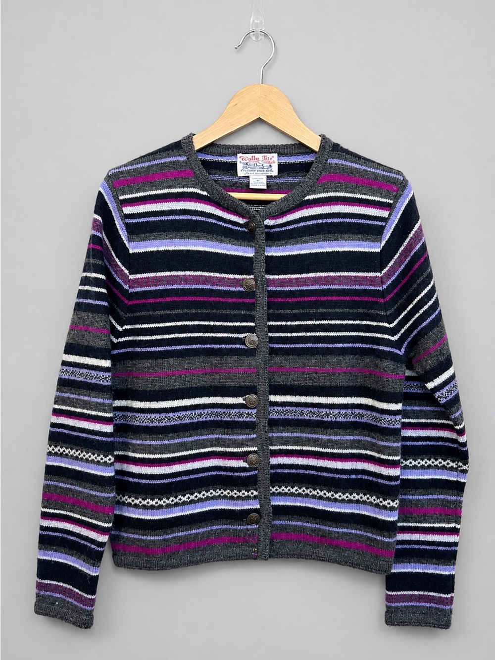Vintage Tally Ho 100% Wool Striped Cardigan Brass Buttons Size M - Picture 2 of 6